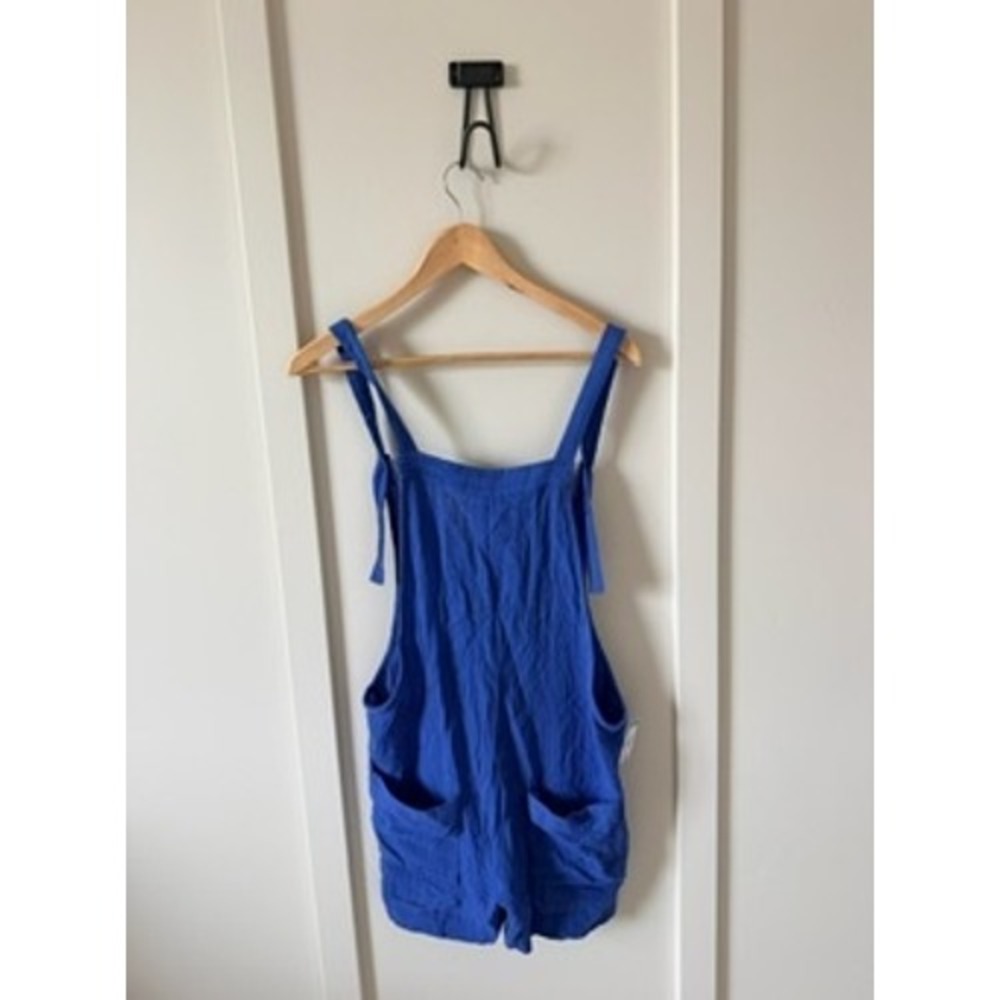 Elan Womens Royal Blue Gauze Short Overalls Romper Tie Strap Pockets Small NWT